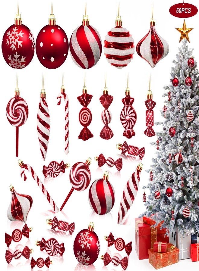 BTU 50Pcs Christmas Candy Cane Ornament Lollipop Ornaments for Christmas Tree Decorations,Red and White, 12 Style Assorted Shapes with Hanging String for Xmas New Year Holiday Festival Home Party Decor - Image 1